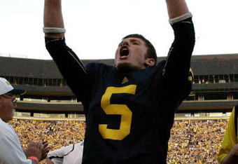ANN ARBOR, MI - SEPTEMBER 12:  Quarterback Tate Forcier #5 celebrates with seconds left in the game against Notre Dame at Michigan Stadium on September 12, 2009 in Ann Arbor, Michigan.  (Photo by Domenic Centofanti/Getty Images)