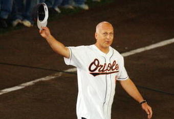 MILWAUKEE, WI - JULY 9:  Cal Ripken Jr. acknowledges to crowd during pre-game festivities of the MLB All-Star Game on July 9, 2002 at Miller Field in Milwaukee, Wisconsin.  (Photo By Matthew Stockman/Getty Images)