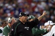 EAST RUTHERFORD, NJ - AUGUST 29:  Head coach Rex Ryan of the New York Jets looks on against the New York Giants on August 29, 2009 at Giants Stadium in East Rutherford, New Jersey.  (Photo by Jim McIsaac/Getty Images)