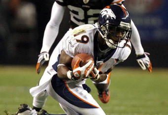 CLEVELAND - NOVEMBER 6:  Eddie Royal #19 of the Denver Broncos catches a pass in front of Brandon McDonald #22 of the Cleveland Browns during the third quarter of their NFL game at Cleveland Browns Stadium November 6, 2008 in Cleveland, Ohio.  (Photo by Matt Sullivan/Getty Images)