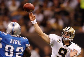 NEW ORLEANS - SEPTEMBER 13:  Quarterback Drew Brees #9 of the New Orleans Saints throws a pass against the Detroit Lions at the Louisiana Superdome on September 13, 2009 in New Orleans, Louisiana.  (Photo by Chris Graythen/Getty Images)