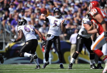 BALTIMORE - SEPTEMBER 13:  Joe Flacco #5 of the Baltimore Ravens passes against the Kansas City Chiefs at M&T Bank Stadium on September 13, 2009 in Baltimore, Maryland. The Ravens defeated the Chiefs 38-24. (Photo by Larry French/Getty Images)