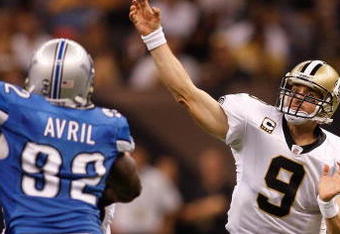 NEW ORLEANS - SEPTEMBER 13:  Quarterback Drew Brees #9 of the New Orleans Saints throws a pass against the Detroit Lions at the Louisiana Superdome on September 13, 2009 in New Orleans, Louisiana.  (Photo by Chris Graythen/Getty Images)
