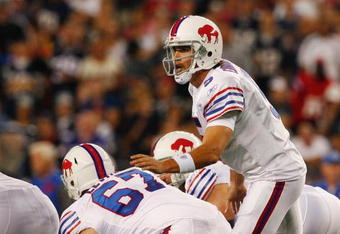 FOXBORO, MA - SEPTEMBER 14:  Quarterback Trent Edwards #5 of the Buffalo Bills call out a play during the first quarter of the game against the New England Patriots on September 14, 2009 at Gillette Stadium in Foxboro, Massachusetts. (Photo by Jim Rogash/Getty Images)