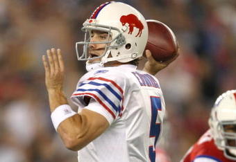 FOXBORO, MA - SEPTEMBER 14:  Quarterback Trent Edwards #5 of the Buffalo Bills throws a pass during the first half against the New England Patriots on September 14, 2009 at Gillette Stadium in Foxboro, Massachusetts. (Photo by Elsa/Getty Images)