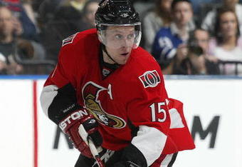 TORONTO - APRIL 11:  Dany Heatley #15 of the Ottawa Senators skates with the puck in a game against the Toronto Maple Leafs on April 11, 2009 at the Air Canada Centre in Toronto, Ontario. The Leafs defeated the Senators on the strength of a 3 goal performance by Boyd Devereaux #22. (Photo by Claus Andersen/Getty Images) 