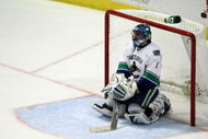 CHICAGO - MAY 11: Goalie Roberto Luongo #1 of the Vancouver Canucks sits on the ice after he gave up a hat trick goal to Patrick Kane #88 of the Chicago Blackhawks in the third period during Game Six of the Western Conference Semifinal Round of the 2009 Stanley Cup Playoffs on May 11, 2009 at the United Center in Chicago, Illinois. The Blackhawks won 7-5. (Photo by Jonathan Daniel/Getty Images)