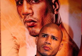 BEVERLY HILLS, CA - SEPTEMBER 14:  Miguel Cotto listens as other speakers talk during the press conference at the Beverly Hills Hotel on September 14, 2009 in Beverly Hills, California.  (Photo by Jacob de Golish/Getty Images)