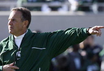 EAST LANSING, MI - NOVEMBER 03: Mark Dantonio of the Michigan State Spartans motions on the field during the game against the Michigan Wolverines at Spartan Stadium November 3, 2007 in East Lansing, Michigan. Michigan defeated Michigan State 28-24. (Photo by Kevin C. Cox/Getty Images) 