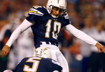 SAN DIEGO - DECEMBER 28:  Kicker Nate Kaeding #10 of the San Diego Chargers kicks a 28 yard field goal against the Denver Broncos during the first quarter of the NFL game at Qualcomm Stadium on December 28, 2008 in San Diego, California.  (Photo by Jeff Gross/Getty Images)