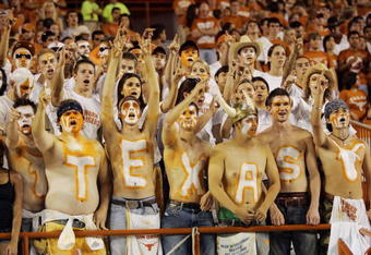 AUSTIN, TX - SEPTEMBER 5:  Fans of the Texas Longhorns show their support during the game against the Louisiana Monroe Warhawks on September 5, 2009 at Darrell K Royal-Texas Memorial Stadium in Austin, Texas. The Longhorns defeated the Warhawks 59-20. (Photo by Brian Bahr/Getty Images)