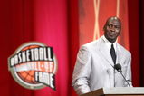 SPRINGFIELD, MA - SEPTEMBER 11: Michael Jordan reacts during his induction into the Naismith Memorial Basketball Hall of Fame on September 11, 2009 in Springfield, Massachusetts. NOTE TO USER: User expressly acknowledges and agrees that, by downloading and or using this Photograph, user is consenting to the terms and conditions of the Getty Images License Agreement.(Photo by Jim Rogash/Getty Images)