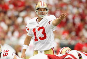 GLENDALE, AZ - SEPTEMBER 13:  Quarterback Shaun Hill #13 of the San Francisco 49ers calls a play at the line of scrimage during the NFL game against the Arizona Cardinals at the Universtity of Phoenix Stadium on September 13, 2009 in Glendale, Arizona.  The 49ers defeated the Cardinals 20-16. (Photo by Christian Petersen/Getty Images)