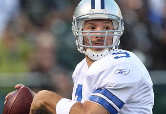 OAKLAND, CA - AUGUST 13: Quarterback Tony Romo #9 of the Dallas Cowboys throws the ball in the first quarter against the Oakland Raiders during a preseason game at Oakland-Alameda County Coliseum on August 13, 2009 in Oakland, California. (Photo by Jed Jacobsohn/Getty Images)