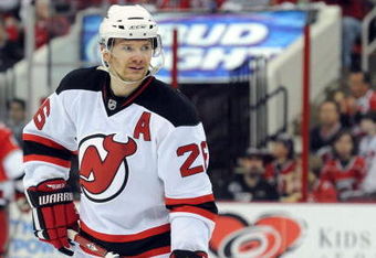 RALEIGH, NC - APRIL 26: Patrik Elias #26 of the the New Jersey Devils skates as he waits for a face-off in the first period of Game Six of the Eastern Conference Quarterfinals of the 2009 Stanley Cup Playoffs against the Carolina Hurricanes on April 26, 2009 at the RBC Center in Raleigh, North Carolina. (Photo by Steve Dykes/Getty Images)