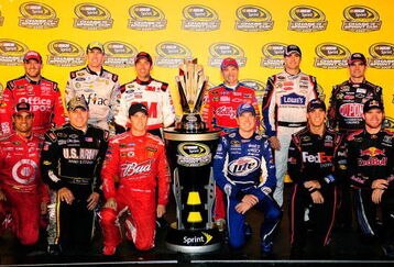 RICHMOND, VA - SEPTEMBER 12:  (Back row from L-R) Tony Stewart, driver of the #14 Office Depot Chevrolet, Carl Edwards, driver of the #99 Aflac Ford, Greg Biffle, driver of the #16 3M Ford, Mark Martin, driver of the #5 Kellogg's Chevrolet, Jimmie Johnson, driver of the #48 Lowe's Chevrolet, Jeff Gordon, driver of the #24 Dupont Chevrolet, (Front row L-R) Juan Pablo Montoya, driver of the #42 Target Chevrolet, Ryan Newman, driver of the #39 U.S. Army Chevrolet, Kasey Kahne, driver of the #9 Budweiser Dodge, Kurt Busch, driver of the #2 Miller Lite Dodge, Denny Hamlin, driver of the #11 FedEx Toyota, and Brian Vickers, driver of the #83 Red Bull Toyota, pose with the Sprint Cup trophy following the NASCAR Sprint Cup Series Chevy Rock & Roll 400 at Richmond International Raceway on September 12, 2009 in Richmond, Virginia.  (Photo by Rusty Jarrett/Getty Images for NASCAR)