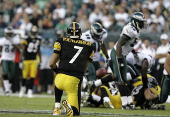 PHILADELPHIA - SEPTEMBER 21: Ben Roethlisberger #7 of the Pittsburgh Steelers climbs off the turf as he watches the play against the Philadelphia Eagles during the second half on September 21, 2008 at Lincoln Financial Field in Philadelphia, Pennsylvania. The Eagles won 15-6.(Photo by Chris Gardner/Getty Images)