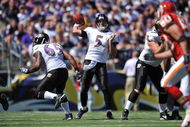 BALTIMORE - SEPTEMBER 13:  Joe Flacco #5 of the Baltimore Ravens passes against the Kansas City Chiefs at M&T Bank Stadium on September 13, 2009 in Baltimore, Maryland. The Ravens defeated the Chiefs 38-24. (Photo by Larry French/Getty Images)