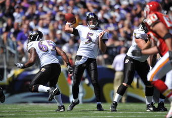 BALTIMORE - SEPTEMBER 13:  Joe Flacco #5 of the Baltimore Ravens passes against the Kansas City Chiefs at M&T Bank Stadium on September 13, 2009 in Baltimore, Maryland. The Ravens defeated the Chiefs 38-24. (Photo by Larry French/Getty Images)