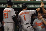 BOSTON - JUNE 10:  Brian Roberts #1 and Nick Markakis #21 of the Baltimore Orioles are congratulated by teammates in the dugout after they scored on a single by Aubrey Huff #17 in the seventh inning against the Boston Red Sox at Fenway Park June 10, 2008 in Boston, Massachusetts.  (Photo by Elsa/Getty Images)