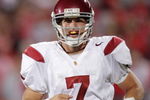 COLUMBUS, OH - SEPTEMBER 12: Quaterback Matt Barkley of the USC Trojans celebrates after teammate running back Stafon Johnson #13 scored a two yard touchdown in the fourth quarter over the Ohio State Buckeyes at Ohio Stadium on September 12, 2009 in Columbus, Ohio. USC won the game 18-15. (Photo by Andy Lyons/Getty Images)