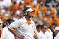KNOXVILLE, TN - SEPTEMBER 12: Lane Kiffin, head coach of the Tennessee Volunteers looks on against the UCLA Bruins on September 12, 2009 at Neyland Stadium in Knoxville, Tennessee. UCLA beat Tennessee 19-15. (Photo by Joe Murphy/Getty Images)