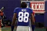 EAST RUTHERFORD, NJ - SEPTEMBER 13: Hakeem Nicks #88 of the New York Giants leaves the game after spraining his ankle against the Washington Redskins on September 13, 2009 at Giants Stadium in East Rutherford, New Jersey. (Photo by Jim McIsaac/Getty Images)