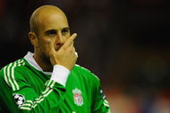 LIVERPOOL, ENGLAND - SEPTEMBER 16:  Pepe Reina of Liverpool looks on prior to the UEFA Champions League Group E match between Liverpool and Debrecen VSC at Anfield on September 16, 2009 in Liverpool, England.  (Photo by Michael Regan/Getty Images)