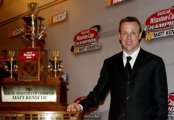 NEW YORK - DECEMBER 05: NASCAR driver Matt Kenseth poses with 1st place trophy in press room during the 2003 NASCAR Winston Cup Awards at the Waldorf Astoria Hotel December 05, 2003 in New York City.   (Photo by Matthew Peyton/Getty Images)