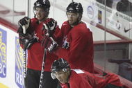 CALGARY, AB - AUGUST 24: Linemates (from left) Sidney Crosby, Rick Nash and Jarome Iginla during the second practice of the Team Canada Olympic Orientation Camp on August 24, 2009 at the Pengrowth Saddledome in Calgary, Alberta, Canada. (Photo by Mike Ridewood/Getty Images)