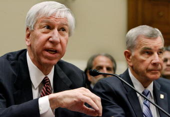WASHINGTON - FEBRUARY 27:  National Collegiate Athletics Association President Myles Brand (L) and National Federation of State High School Associations Executive Director Robert Kanaby testify before the House Subcommittee on Commerce, Trade and Consumer Protection about the use of illegal performance-enhancing drugs in professional sports on Captiol Hill February 27, 2008 in Washington, DC. The subcommittee also heard testimony from the head of the NFL, NBA, NHL, MLB and their players' unions.  (Photo by Chip Somodevilla/Getty Images)
