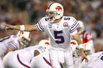 FOXBORO, MA - SEPTEMBER 14:  Quarterback Trent Edwards #5 of the Buffalo Bills calls a play during the third quarter against the New England Patriots on September 14, 2009 at Gillette Stadium in Foxboro, Massachusetts. (Photo by Elsa/Getty Images)