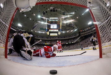 PITTSBURGH - JUNE 04:  Daniel Cleary #11 looks to the goal as Darren Helm #43 of the Detroit Red Wings celebrates his goal in the first period with teammate Brian Rafalski #28 against Marc-Andre Fleury #29 of the Pittsburgh Penguins during Game Four of the 2009 NHL Stanley Cup Finals on June 4, 2009 at Mellon Arena in Pittsburgh, Pennsylvania.  (Photo by Bruce Bennett/Getty Images)