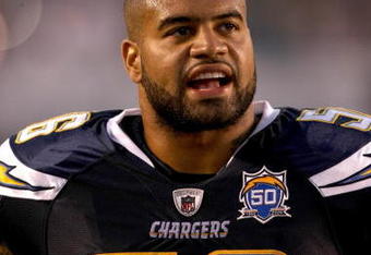 SAN DIEGO - AUGUST 15:  Linebacker Shawne Merriman #56 of the San Diego Chargers stands on the sideline in the game against the Seattle Seahawks on August 15, 2009 at Qualcomm Stadium in San Diego, California.  (Photo by Stephen Dunn/Getty Images)