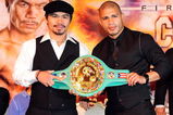 BEVERLY HILLS, CA - SEPTEMBER 14:  Manny Pacquiao and  Miguel Cotto pose for pictures during the press conference at the Beverly Hills Hotel on September 14, 2009 in Beverly Hills, California.  (Photo by Jacob de Golish/Getty Images)
