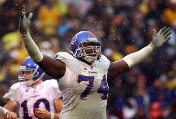 KANSAS CITY, MO - NOVEMBER 29:  Jeff Spikes #74 of the Kansas Jayhawks celebrates after a  touchdown during the final minutes of the game against the Missouri Tigers on November 29, 2008 at Arrowhead Stadium in Kansas City, Missouri.  (Photo by Jamie Squire/Getty Images)