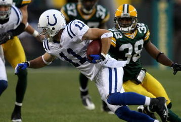 GREEN BAY, WI - OCTOBER 19:  Wide receiver Anthony Gonzalez  #11 of the Indianapolis Colts carries the ball after a catch against the Green Bay Packers on October 19, 2008 at Lambeau Field in Green Bay Wisconsin. The Packers won 34-14.  (Photo by Stephen Dunn/Getty Images)