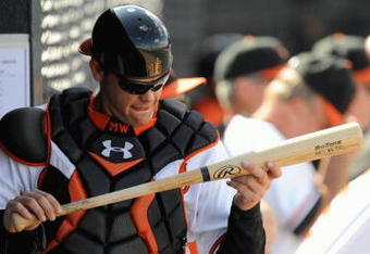 FORT LAUDERDALE, FL - FEBRUARY 26: Matt Wieters #15 of the Baltimore Orioles checks his bat in the dugout against the St. Louis Cardinals during a spring training game at Fort Lauderdale Stadium on February 26, 2009 in Fort Lauderdale, Florida. (Photo by Rob Tringali/Getty Images)