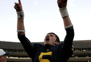 ANN ARBOR, MI - SEPTEMBER 12:  Quarterback Tate Forcier #5 celebrates with seconds left in the game against Notre Dame at Michigan Stadium on September 12, 2009 in Ann Arbor, Michigan.  (Photo by Domenic Centofanti/Getty Images)