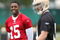 SANTA CLARA, CA - MAY 01:  Michael Crabtree #15 of the San Francisco 49ers looks on during practice as quaterback Alex Smith #11 practices during the 49ers Minicamp at their training facilities on May 1, 2009 in Santa Clara, California. Crabtree was the 49ers first round draft pick.  (Photo by Jed Jacobsohn/Getty Images)