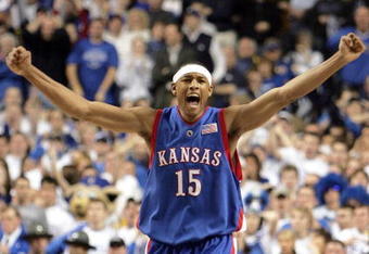 LEXINGTON, KY - JANUARY 9:  J.R. Giddens #15 of the Kansas Jayhawks celebrates during the game against the Kentucky Wildcats on January 9, 2005 at Rupp Arena in Lexington, Kentucky. Kansas defeated Kentucky 65-59.  (Photo by Andy Lyons/Getty Images)