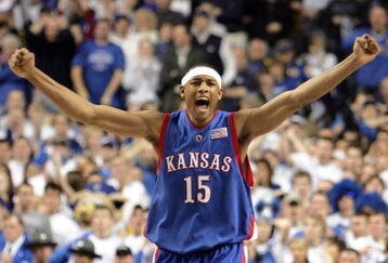 LEXINGTON, KY - JANUARY 9:  J.R. Giddens #15 of the Kansas Jayhawks celebrates during the game against the Kentucky Wildcats on January 9, 2005 at Rupp Arena in Lexington, Kentucky. Kansas defeated Kentucky 65-59.  (Photo by Andy Lyons/Getty Images)