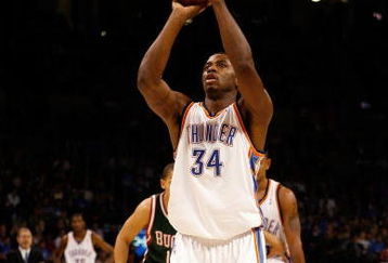 OKLAHOMA CITY - OCTOBER 29:  Desmond Mason #34 of the Oklahoma City Thunder shoots a free throw during the game against the Milwaukee Bucks at the Ford Center on October 29, 2008 in Oklahoma City, Oklahoma. The Bucks won 98-87.  NOTE TO USER: User expressly acknowledges and agrees that, by downloading and/or using this Photograph, user is consenting to the terms and conditions of the Getty Images License Agreement.  (Photo by Chris Graythen/Getty Images)