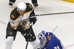 TORONTO - SEPTEMBER 16:  Joey MacDonald #29 of the Toronto Maple Leafs makes a save on a shot by Blake Wheeler #26 of the Boston Bruins during their NHL game at the Air Canada Centre September 16, 2009 in Toronto, Ontario.(Photo By Dave Sandford/Getty Images)