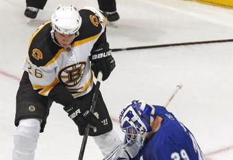 TORONTO - SEPTEMBER 16:  Joey MacDonald #29 of the Toronto Maple Leafs makes a save on a shot by Blake Wheeler #26 of the Boston Bruins during their NHL game at the Air Canada Centre September 16, 2009 in Toronto, Ontario.(Photo By Dave Sandford/Getty Images)