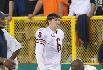 GREEN BAY, WI - SEPTEMBER 13: Jay Cutler #6 of the Chicago Bears walks back to the bench after throwing a career-high 4th interception against the Green Bay Packers on September 13, 2009 at Lambeau Field in Green Bay, Wisconsin. The Packers defeated the Bears 21-15. (Photo by Jonathan Daniel/Getty Images)