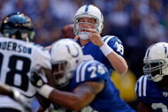 INDIANAPOLIS - SEPTEMBER 13:  Peyton Manning #18 of the Indianapolis Colts throws a pass during the game against the Jacksonville Jaguars at Lucas Oil Stadium on September 13, 2009 in Indianapolis, Indiana.  (Photo by Andy Lyons/Getty Images)