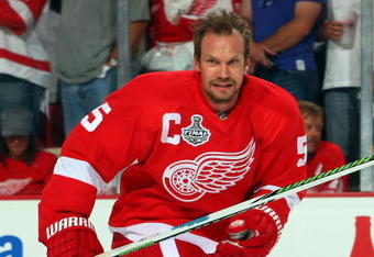 DETROIT - JUNE 12:  Nicklas Lidstrom #5 of the Detroit Red Wings warms up before playing against the Pittsburgh Penguins in Game Seven of the 2009 NHL Stanley Cup Finals at Joe Louis Arena on June 12, 2009 in Detroit, Michigan.  (Photo by Jim McIsaac/Getty Images)