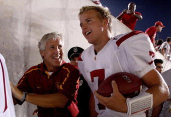 COLUMBUS, OH - SEPTEMBER 13:  Head coach Pete Carroll and Matt Barkley #7 of the Southern California Trojans leave the field after defeating the Ohio State Buckeyes 18-15 on September 13, 2009 at Ohio Stadium in Columbus, Ohio.  (Photo by Gregory Shamus/Getty Images)