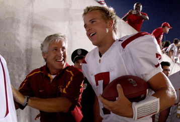 COLUMBUS, OH - SEPTEMBER 13:  Head coach Pete Carroll and Matt Barkley #7 of the Southern California Trojans leave the field after defeating the Ohio State Buckeyes 18-15 on September 13, 2009 at Ohio Stadium in Columbus, Ohio.  (Photo by Gregory Shamus/Getty Images)